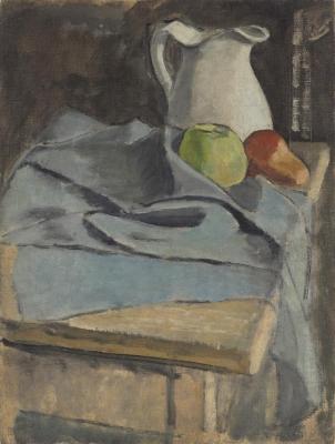 [Still life with pitcher, glass, and orange]