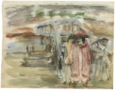 [Studies of bridge, bathers, standing woman]