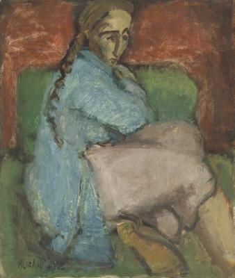 [Woman in green armchair]