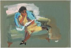 [Woman on green sofa reading]