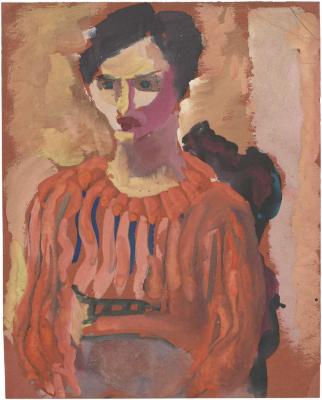 [Seated woman in striped blouse]