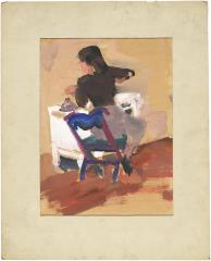 [Woman seated at table]
