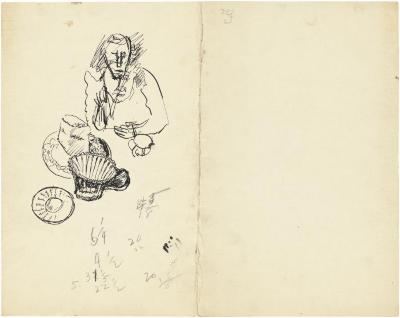 [Woman seated at table]