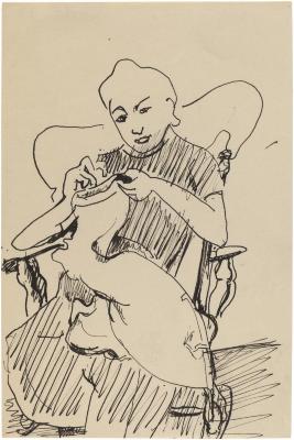 [Woman in rocking chair sewing]