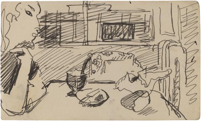 [Interior with woman seated at table]