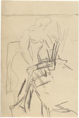 [Female nude by table]