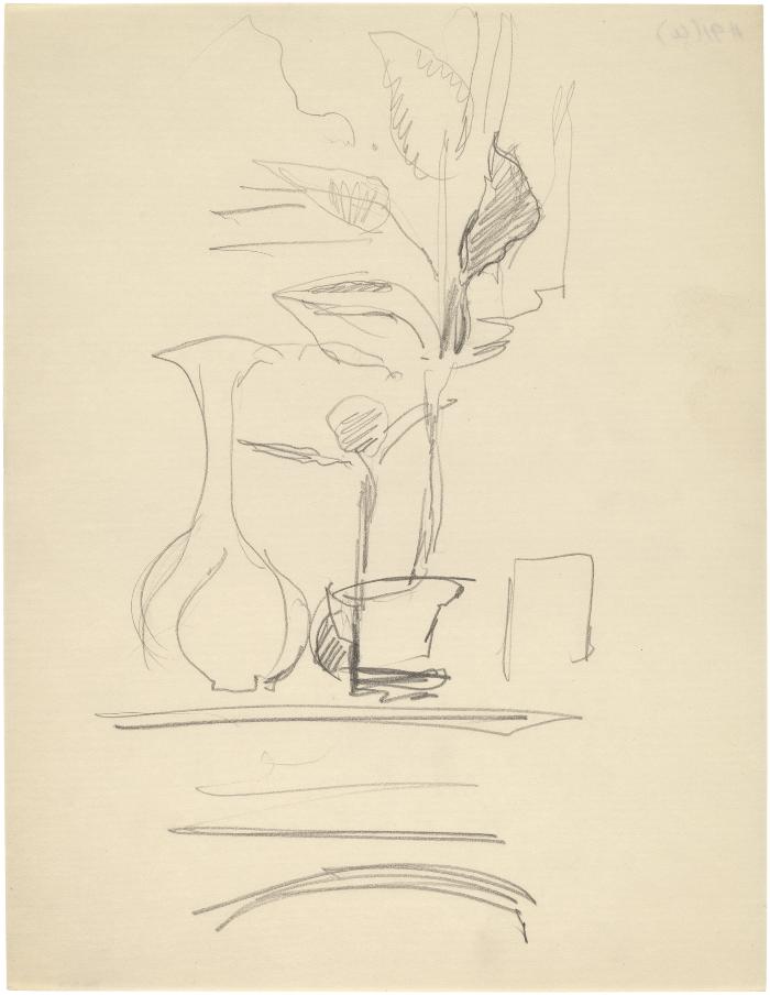 [Vase and plant cuttings on mantel]