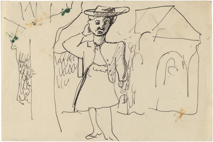 [Woman standing beside tree]