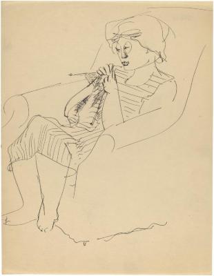 [Woman in armchair knitting]