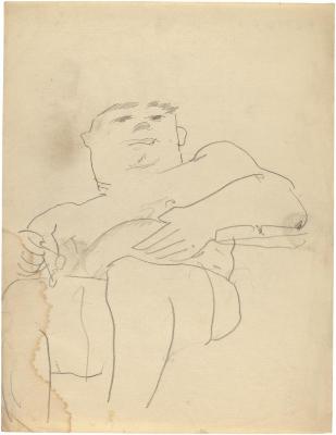 [Seated man holding eyeglasses]