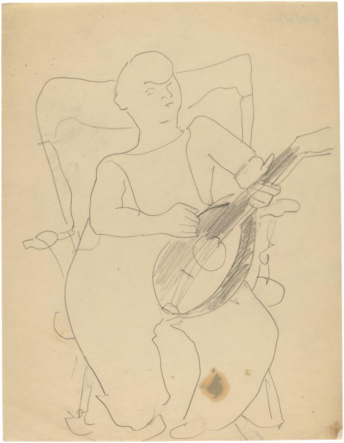 [Boy with mandolin in rocking chair]