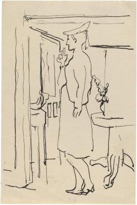 [Woman standing by window]