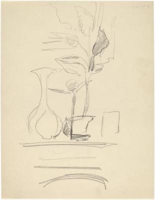 [Vase and plant cuttings on mantel]