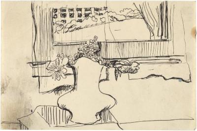 [Vase of flowers by window]