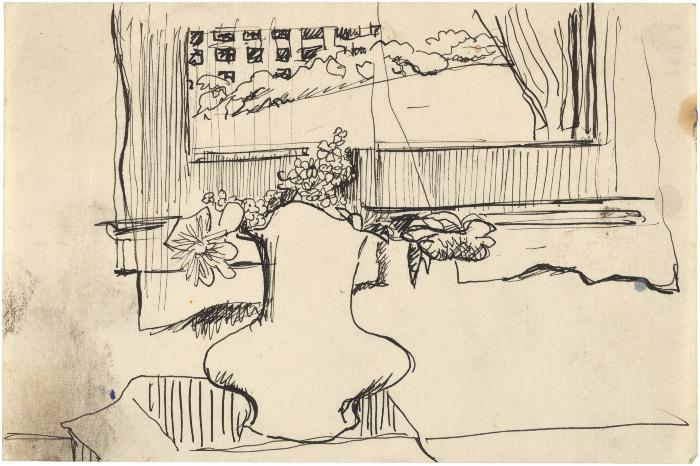 [Vase of flowers by window]