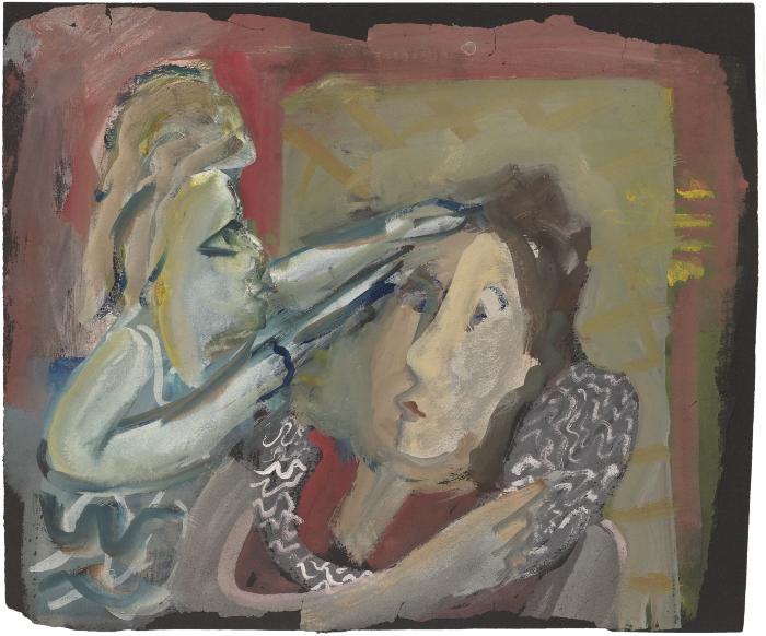 [Two women styling hair]