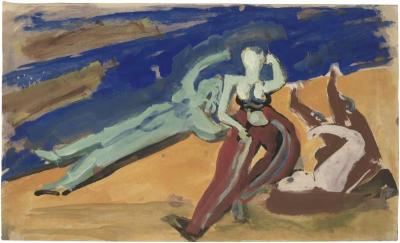 [Three figures at the shore]