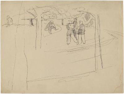 [Figures among trees]