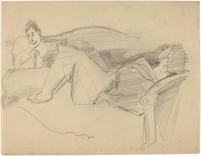 [Two women on sofa]