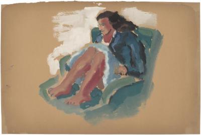 [Woman in green armchair]