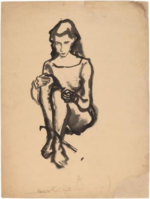 [Seated woman with knees to chest]