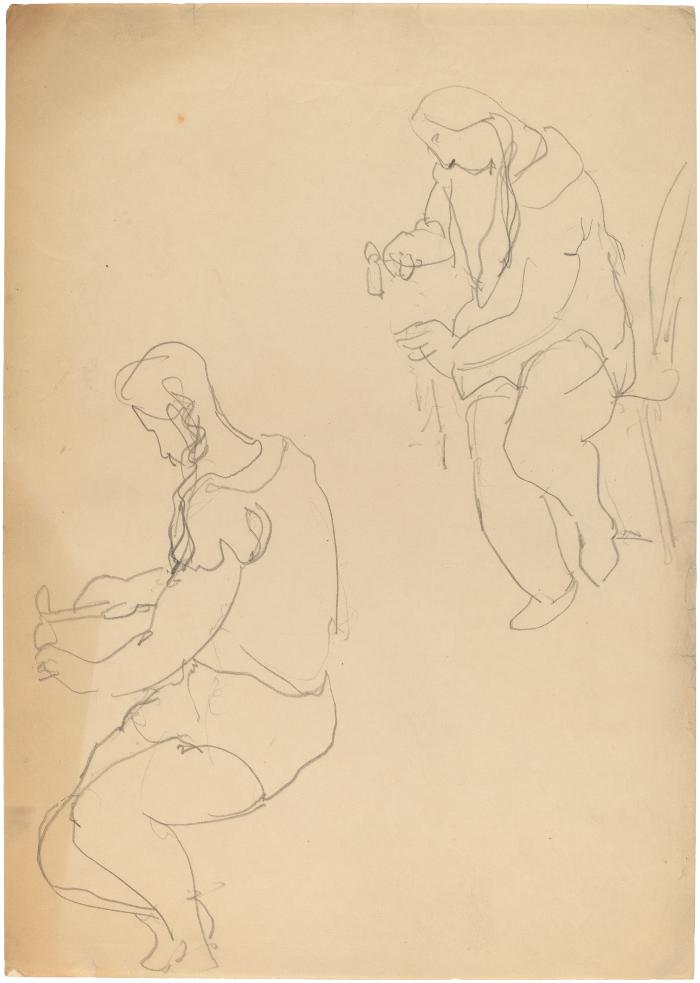 [Woman seated at table, two studies]