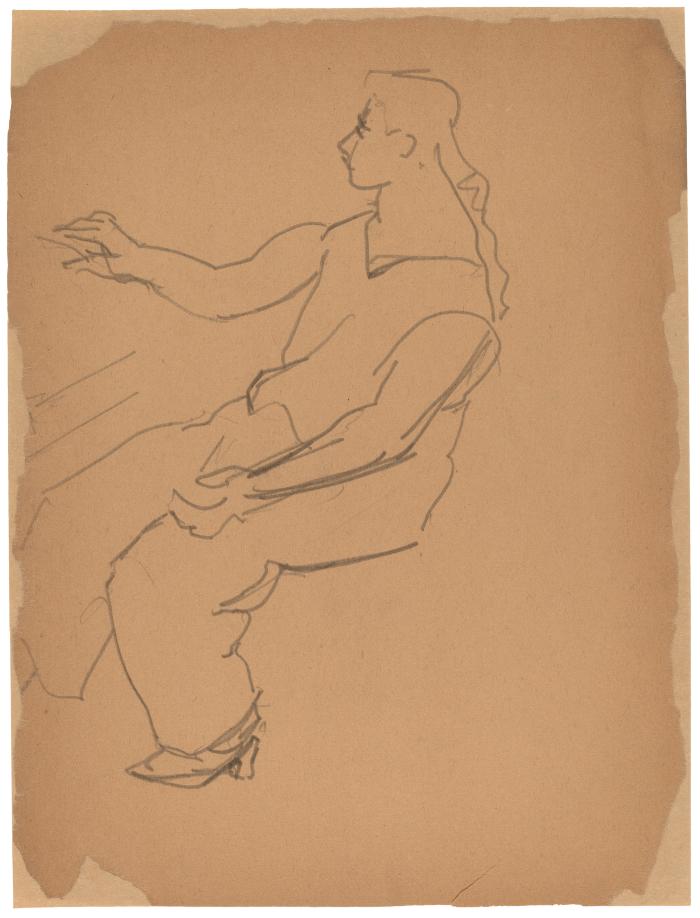 [Woman seated at table]