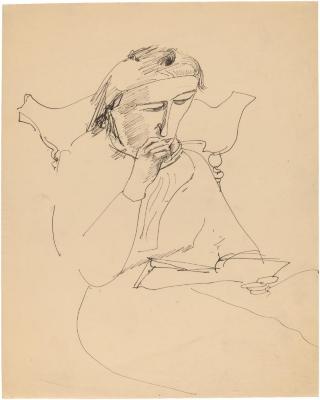 [Woman in chair reading]