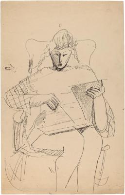 [Woman in rocking chair drawing]