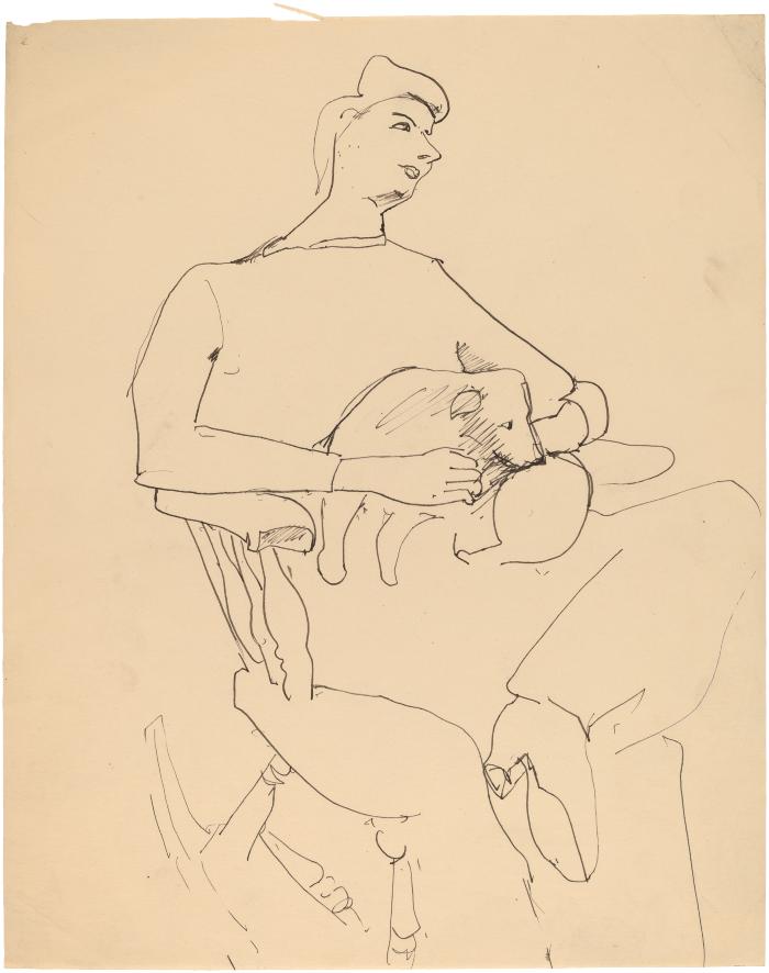 [Figure in rocking chair holding dog]