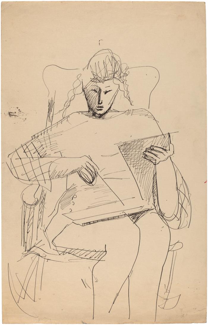 [Woman in rocking chair drawing]