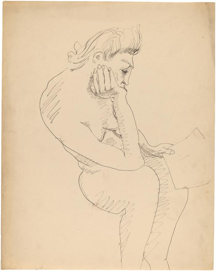 [Seated female nude reading]