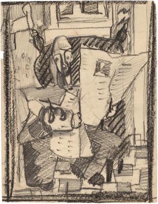 [Seated figure with newspaper]