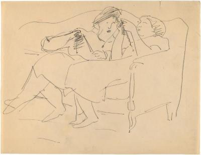[Two women knitting on sofa]