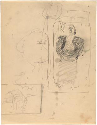 [Studies of bridge, bathers, standing woman]