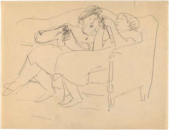 [Two women knitting on sofa]