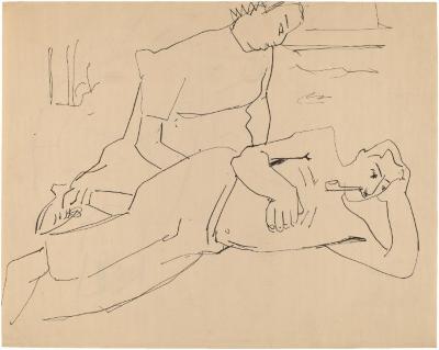 [Seated woman and reclining man with pipe]
