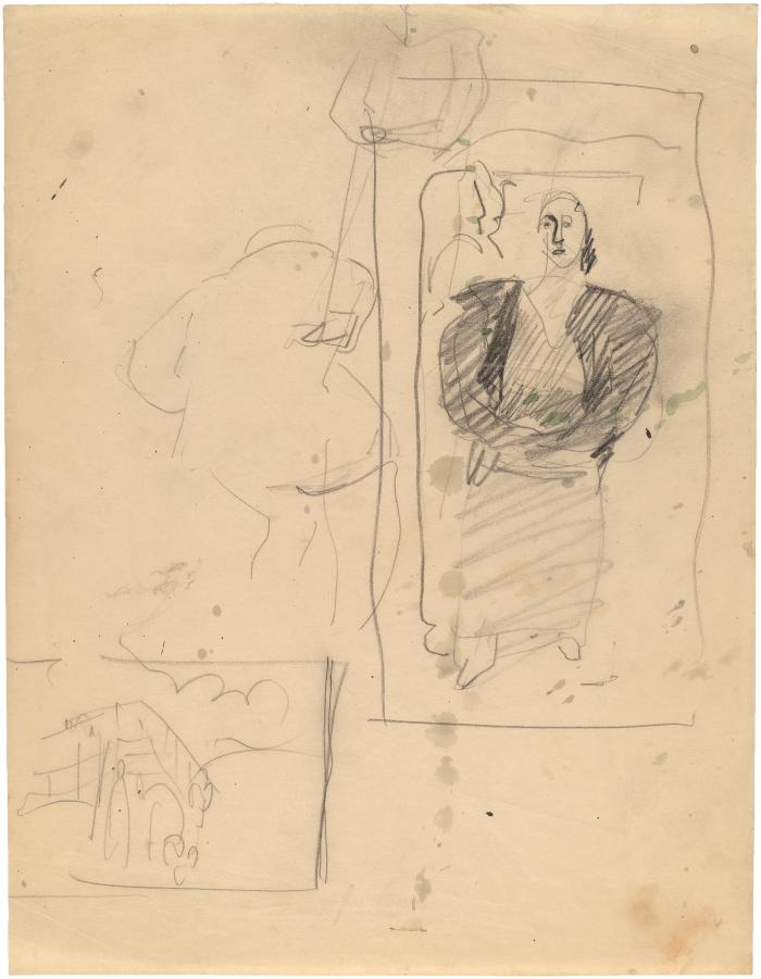 [Studies of bridge, bathers, standing woman]