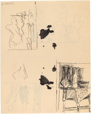 [Figure study / still life with vase and bottle]