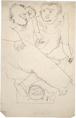 [Three figures on blanket]