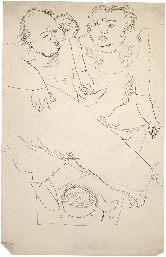 [Three figures on blanket]