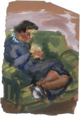 [Woman in green armchair]