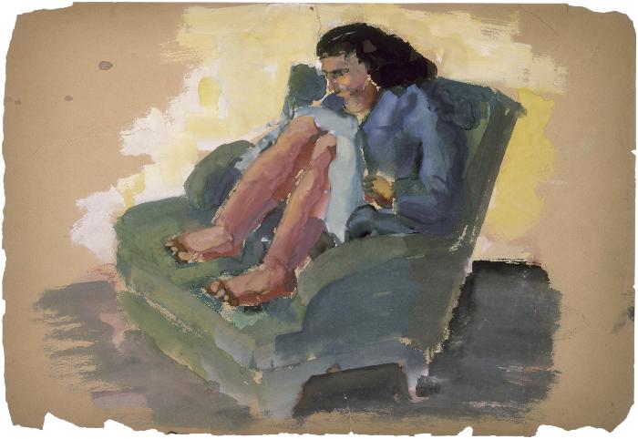 [Woman in green armchair]