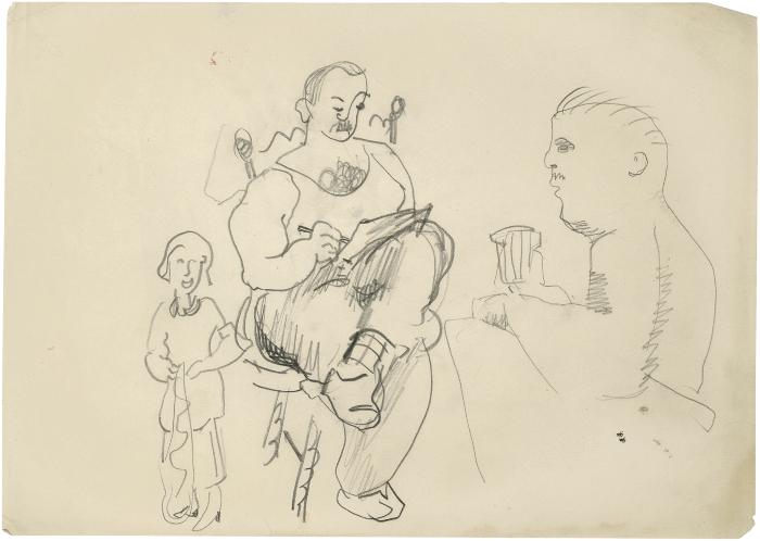 [Standing woman / seated man drawing / profile of man]