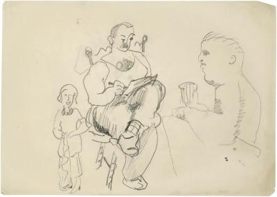 [Standing woman / seated man drawing / profile of man]