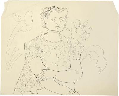 [Woman wearing flowered dress in outdoor setting]