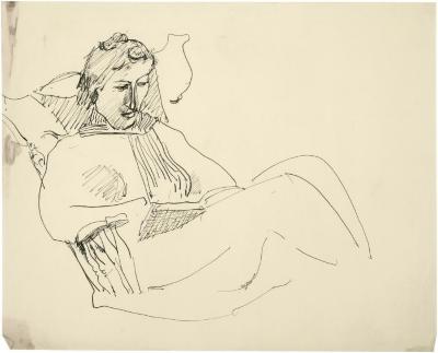 [Woman in chair reading]