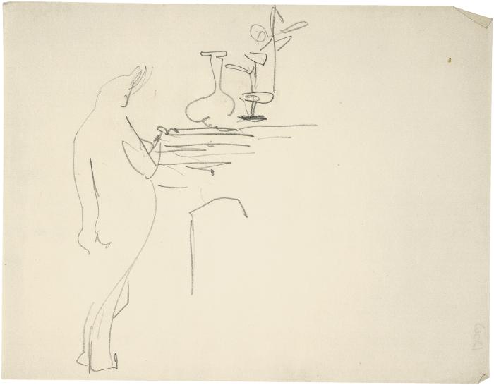 [Female nude standing at mantel]