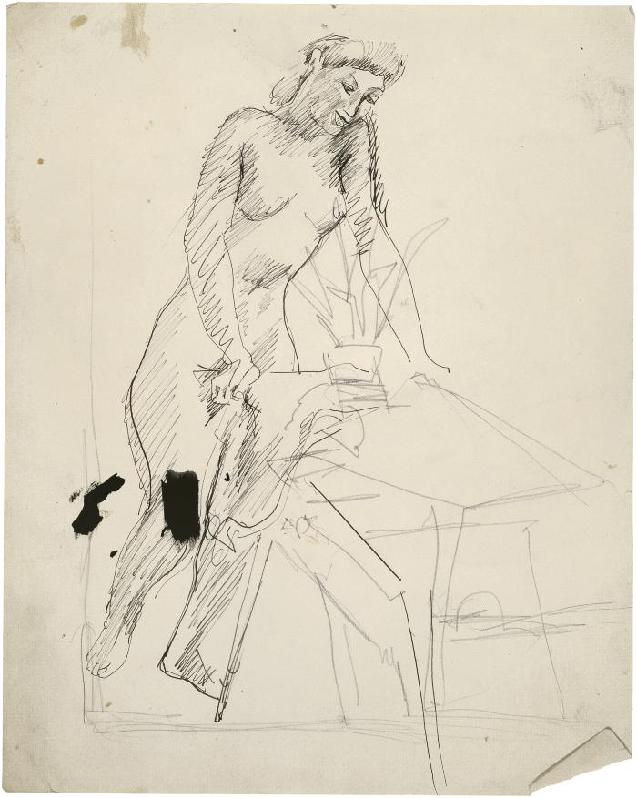 [Female nude by table]