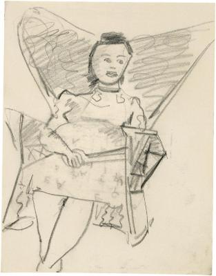 [Seated woman in wingback rocking chair]